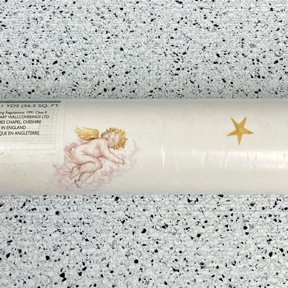 VTG 90s Fine Decor Ready Pasted Vinyl Wallpaper Covering Celestial Cherub Star
